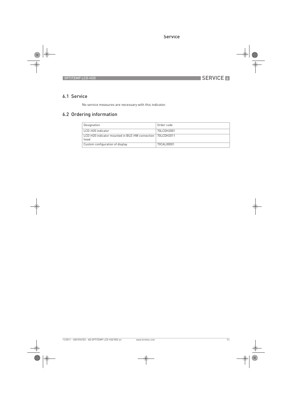 Service, Service 6.1 service, 2 ordering information | KROHNE OPTITEMP LCD-H20 EN User Manual | Page 11 / 12