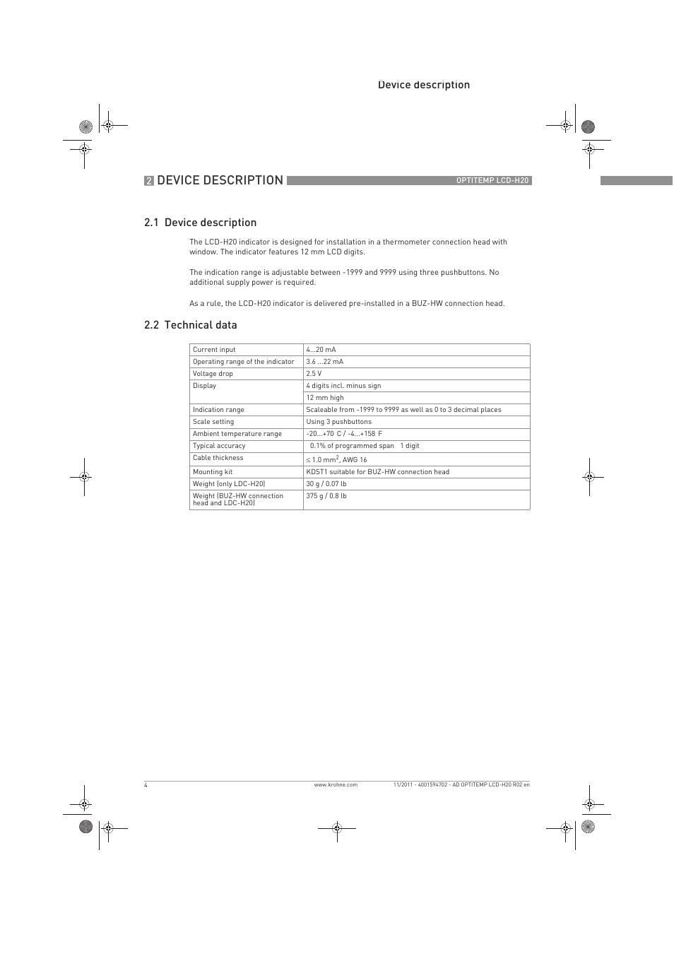 Device description, Device description 2.1 device description, 2 technical data | KROHNE OPTITEMP LCD-H20 EN User Manual | Page 4 / 12