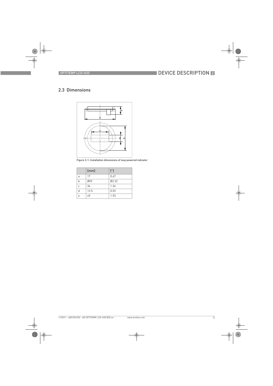 Device description, 3 dimensions | KROHNE OPTITEMP LCD-H20 EN User Manual | Page 5 / 12