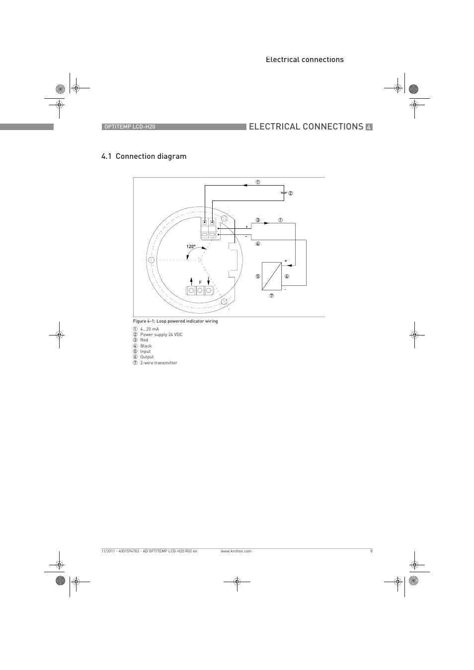 Electrical connections, Electrical connections 4.1 connection diagram | KROHNE OPTITEMP LCD-H20 EN User Manual | Page 9 / 12