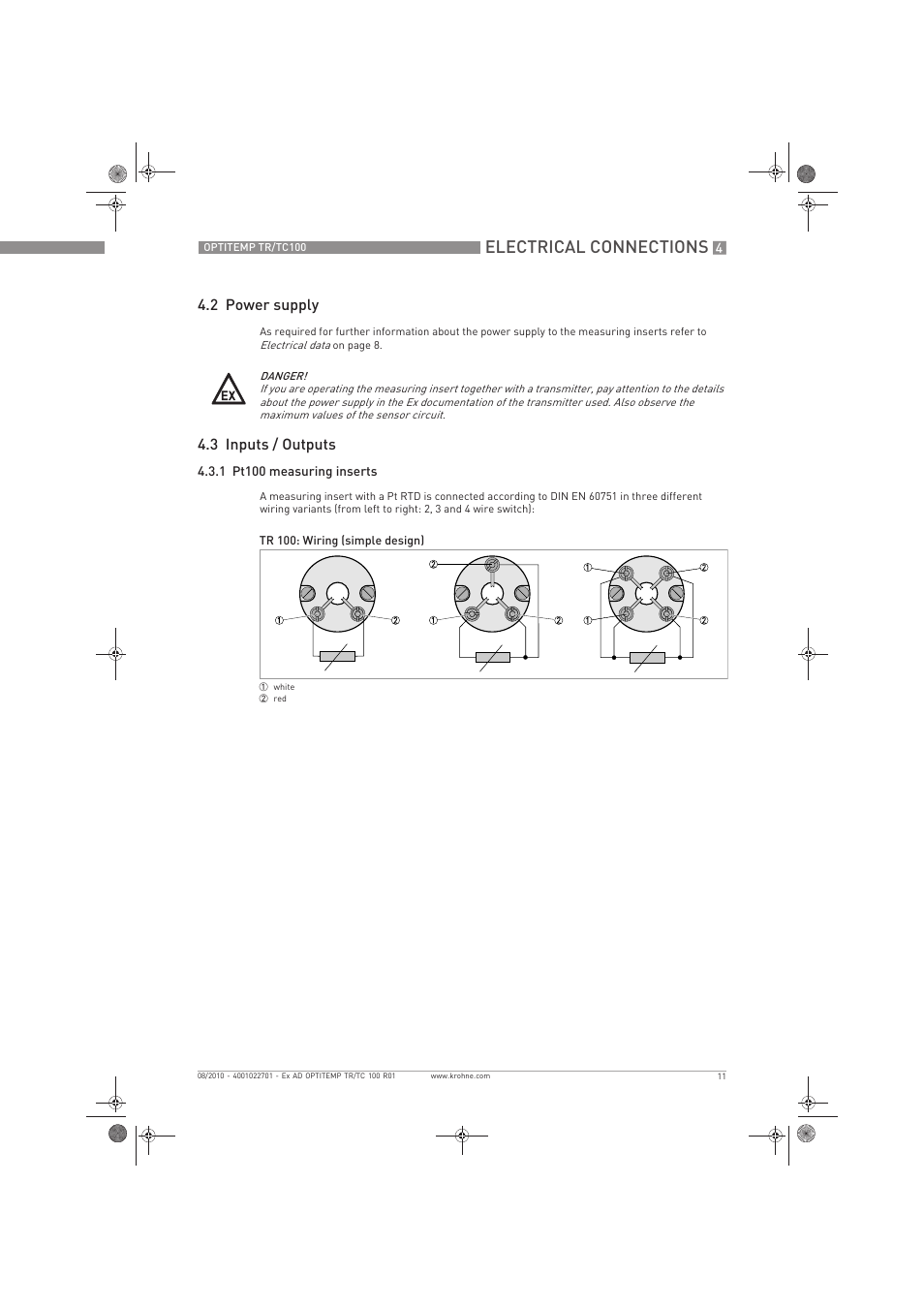 Electrical connections, 2 power supply, 3 inputs / outputs | KROHNE OPTITEMP TC 100 Ex EN User Manual | Page 11 / 16