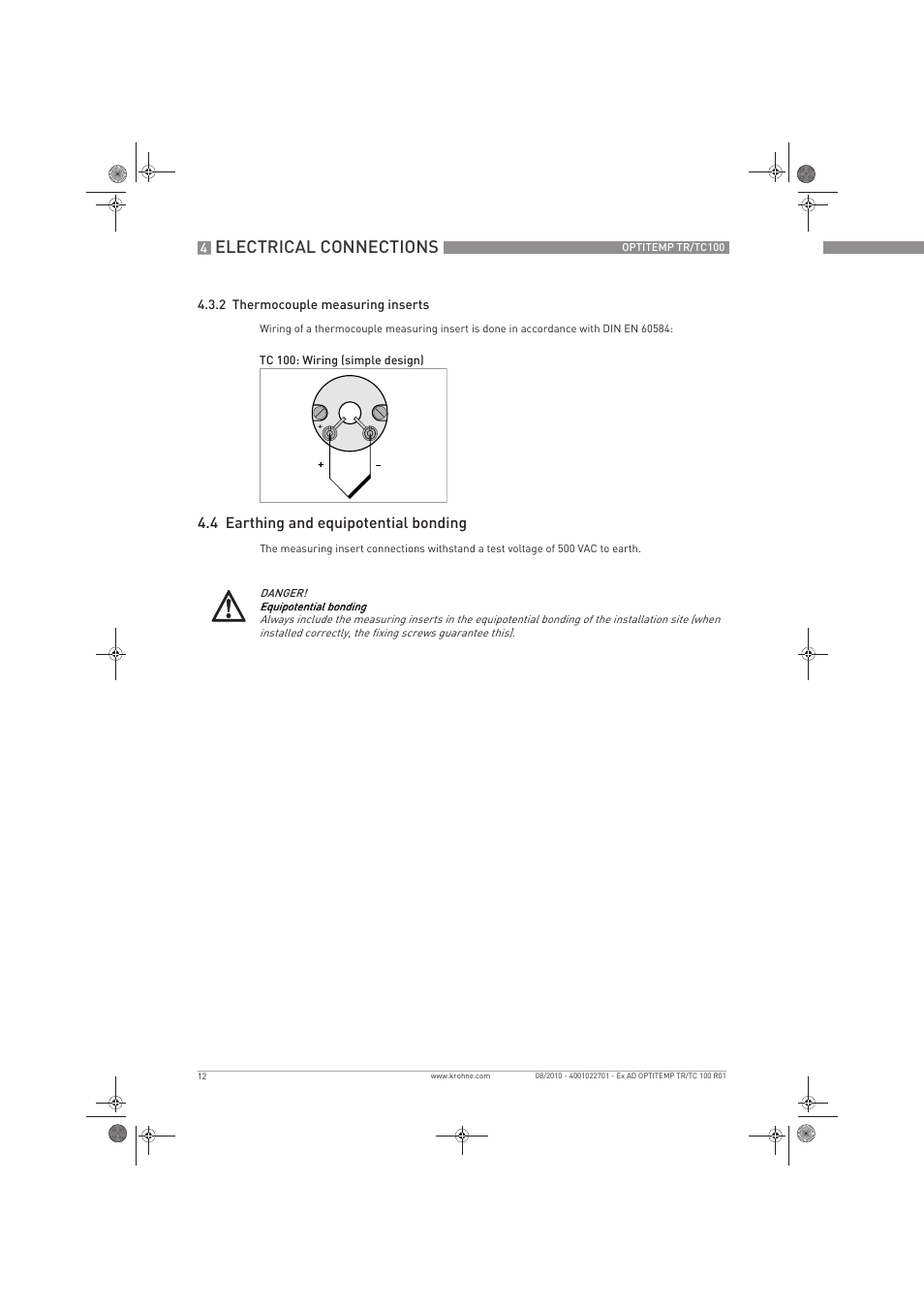 Electrical connections, 4 earthing and equipotential bonding | KROHNE OPTITEMP TC 100 Ex EN User Manual | Page 12 / 16