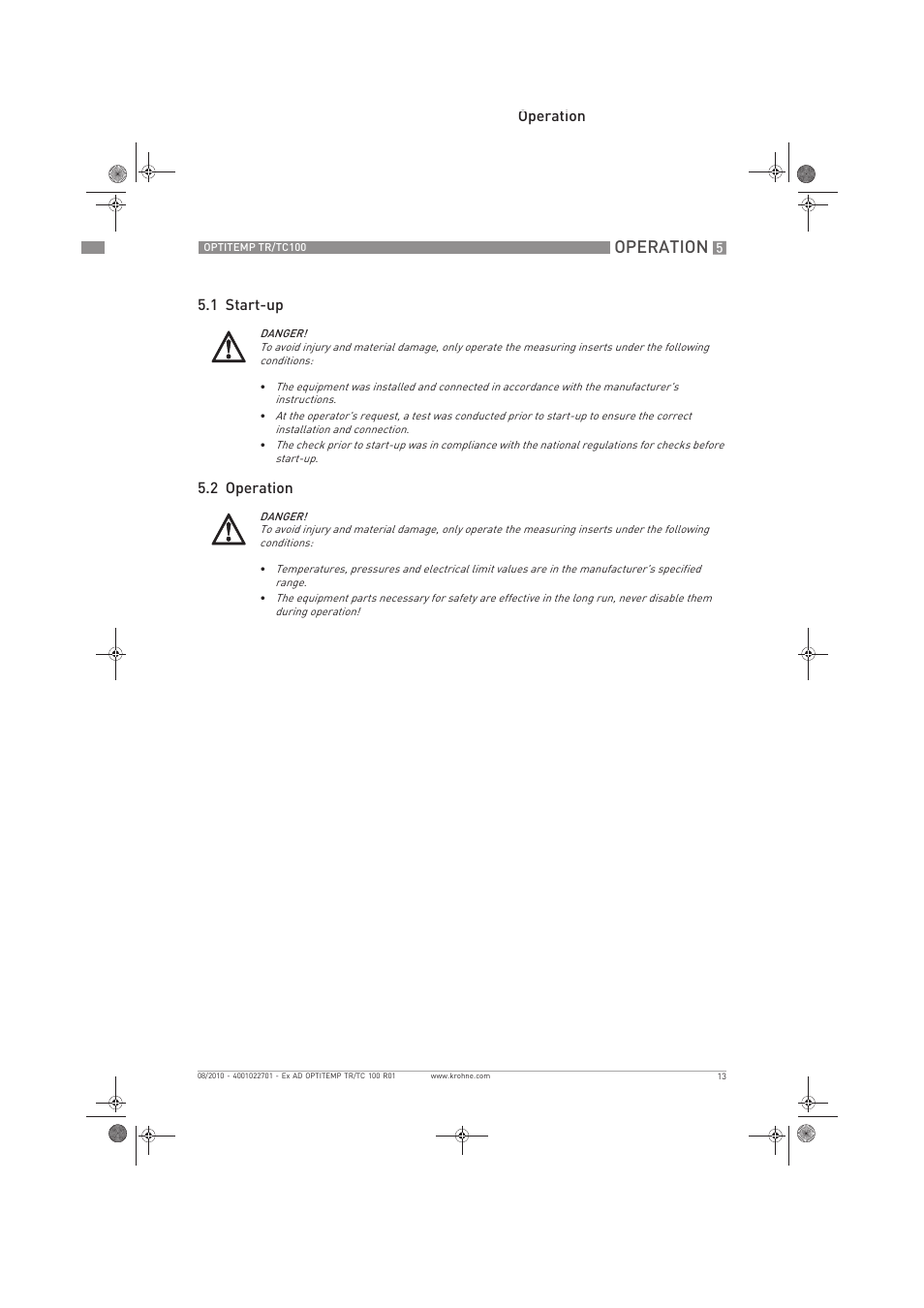 Operation, Operation 5.1 start-up 5.2 operation | KROHNE OPTITEMP TC 100 Ex EN User Manual | Page 13 / 16