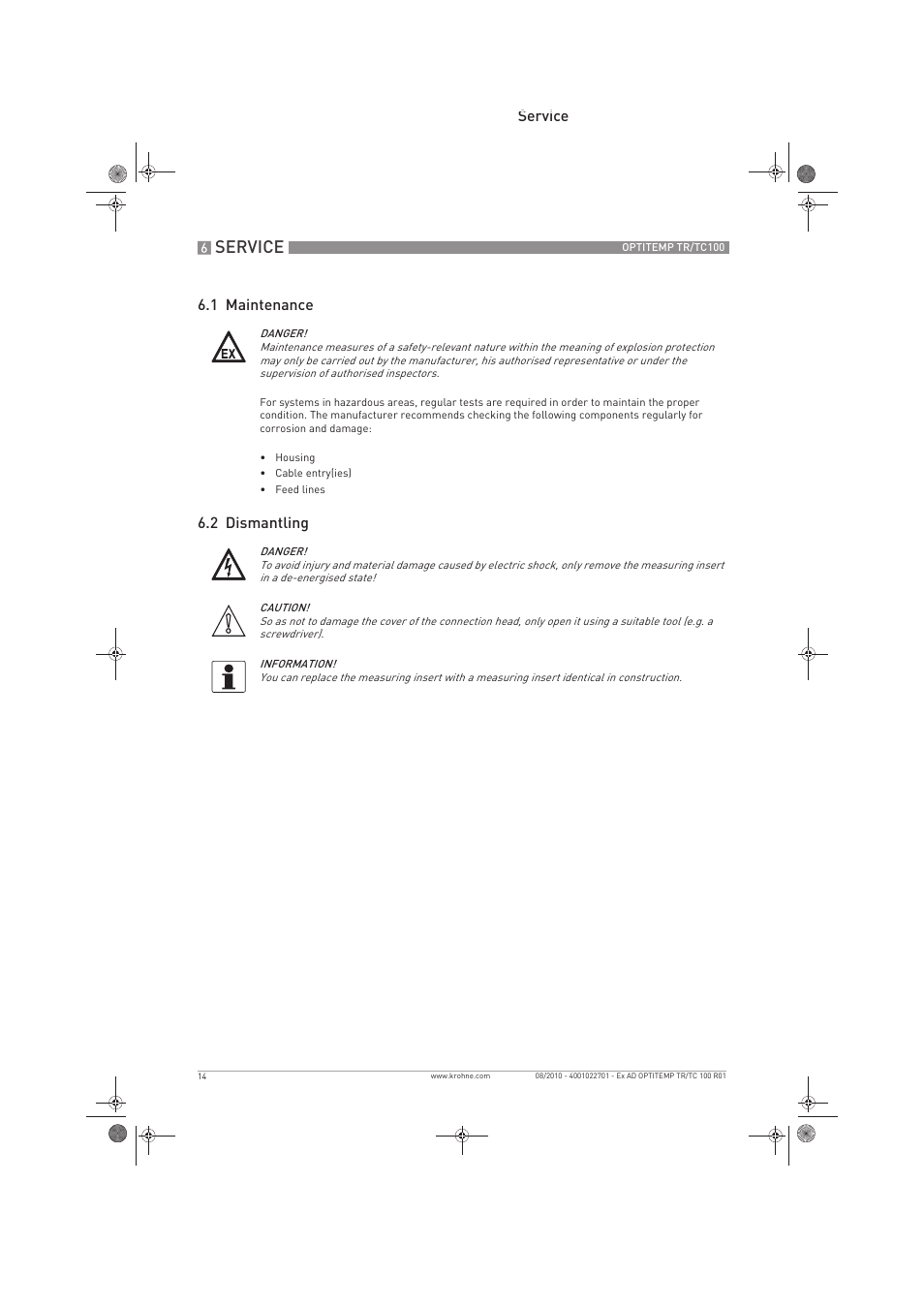 Service, Service 6.1 maintenance, 2 dismantling | KROHNE OPTITEMP TC 100 Ex EN User Manual | Page 14 / 16