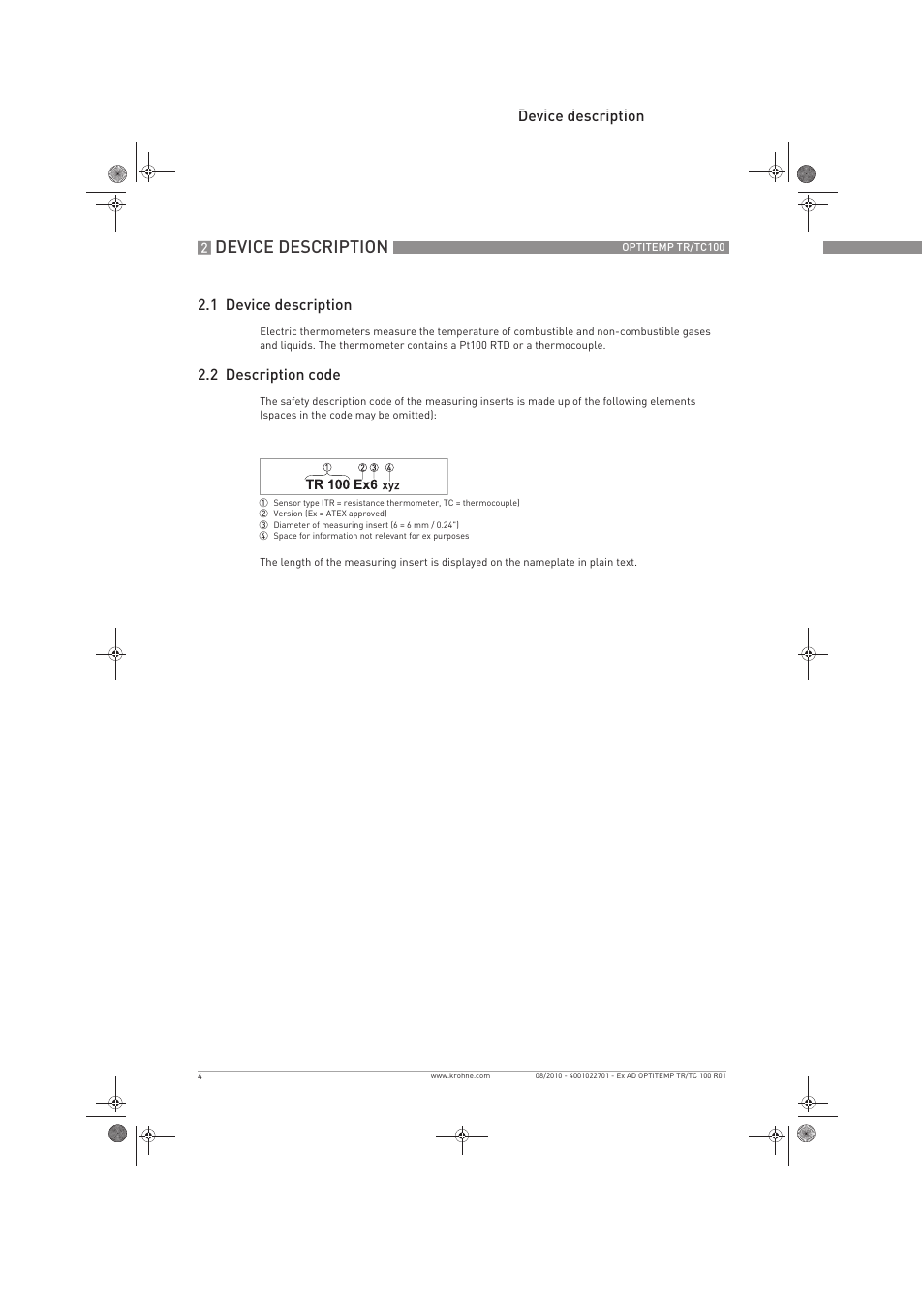 Device description, Device description 2.1 device description, 2 description code | KROHNE OPTITEMP TC 100 Ex EN User Manual | Page 4 / 16