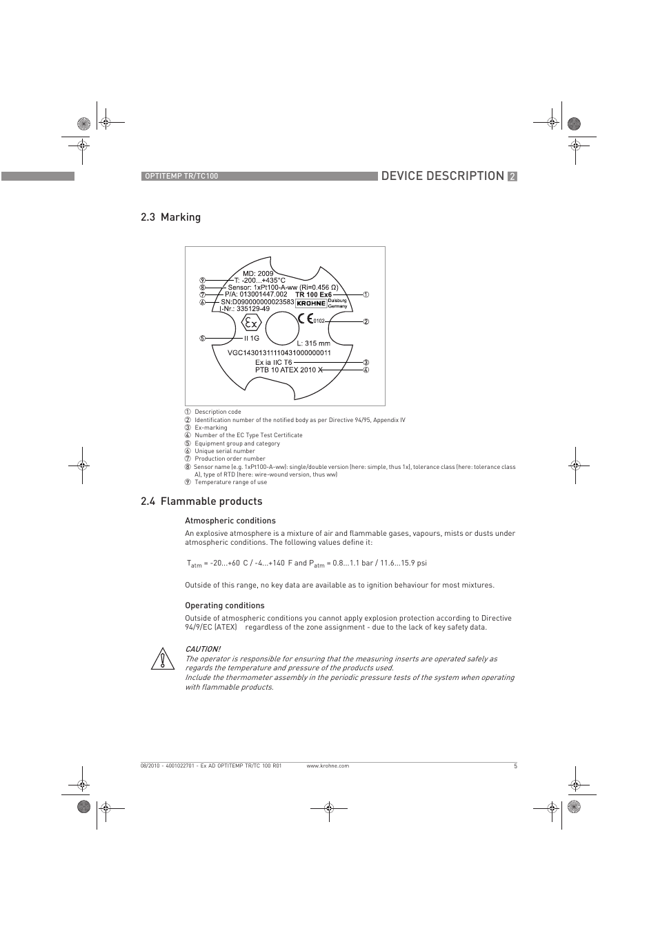 Device description, 3 marking 2.4 flammable products | KROHNE OPTITEMP TC 100 Ex EN User Manual | Page 5 / 16
