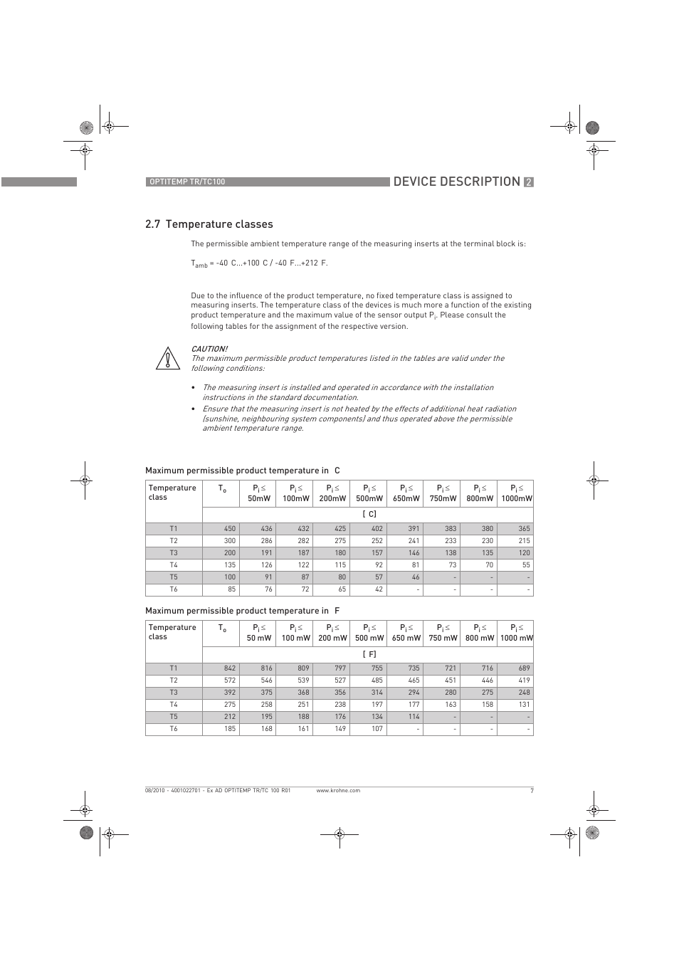 Device description, 7 temperature classes | KROHNE OPTITEMP TC 100 Ex EN User Manual | Page 7 / 16