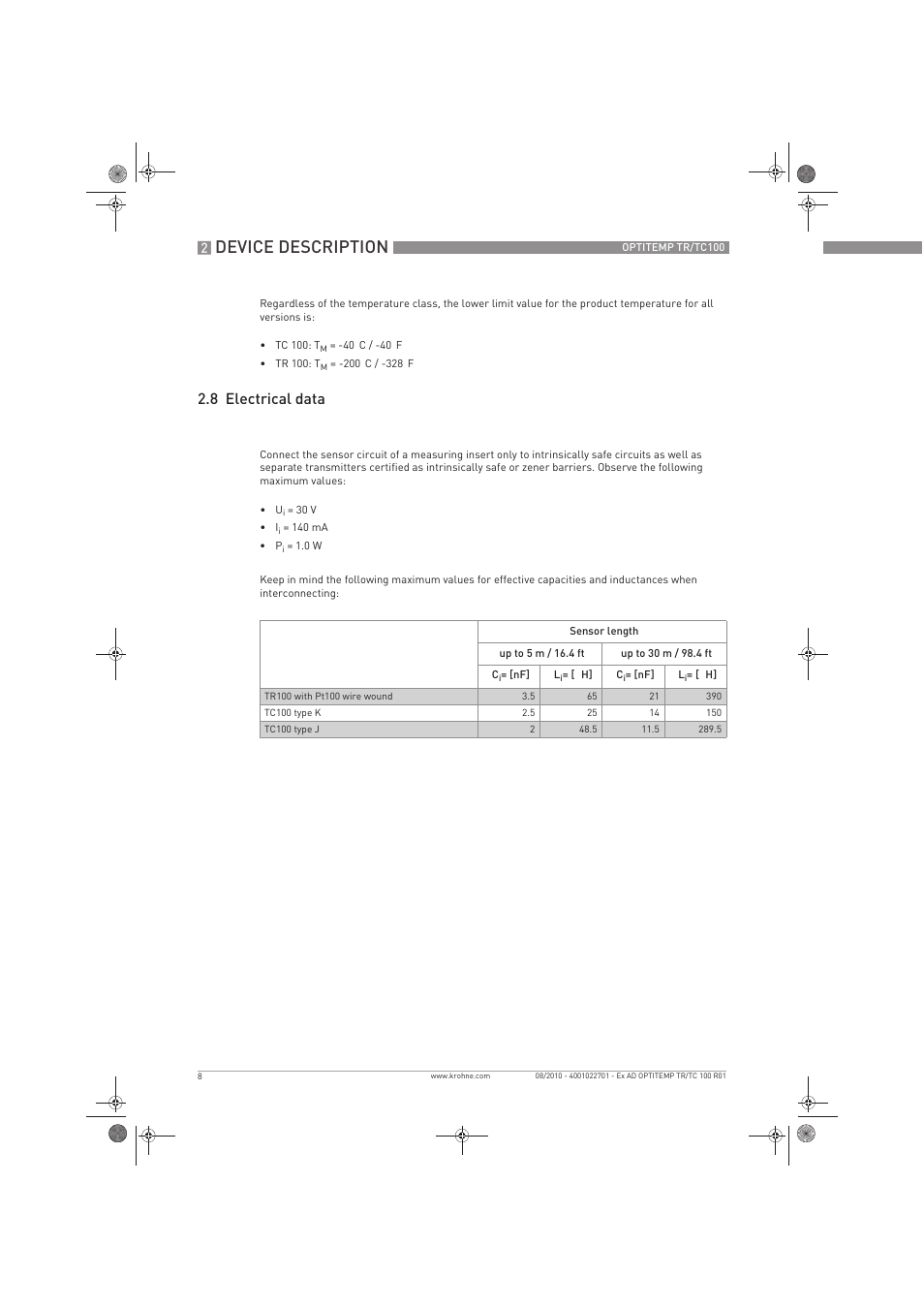 Device description, 8 electrical data | KROHNE OPTITEMP TC 100 Ex EN User Manual | Page 8 / 16