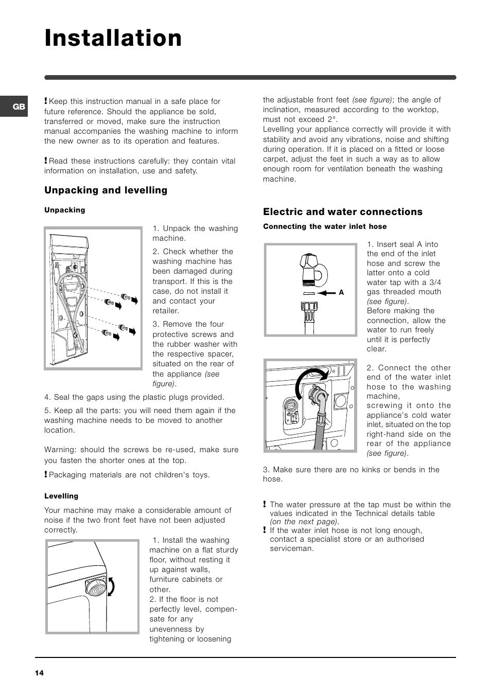 Installation, Unpacking and levelling, Electric and water connections | Indesit WIT 51 User Manual | Page 14 / 60