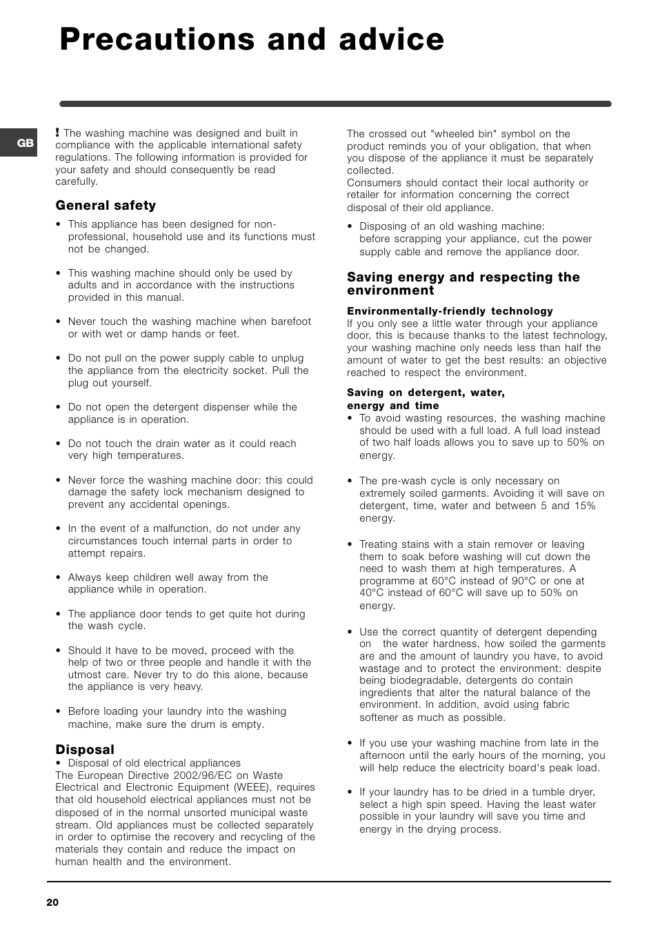 Precautions and advice, General safety, Disposal | Saving energy and respecting the environment | Indesit WIT 51 User Manual | Page 20 / 60