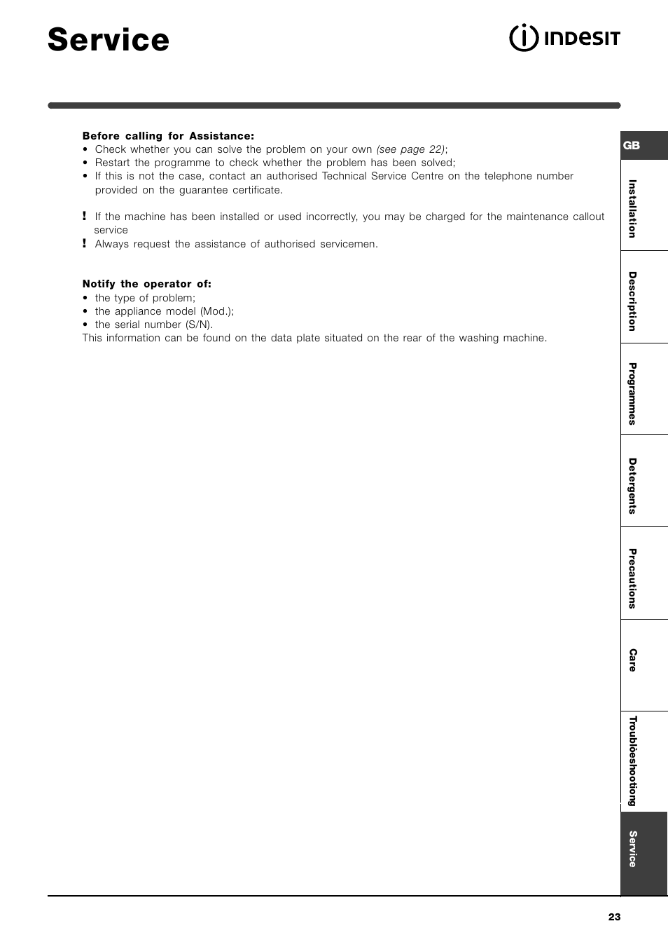 Service | Indesit WIT 51 User Manual | Page 23 / 60