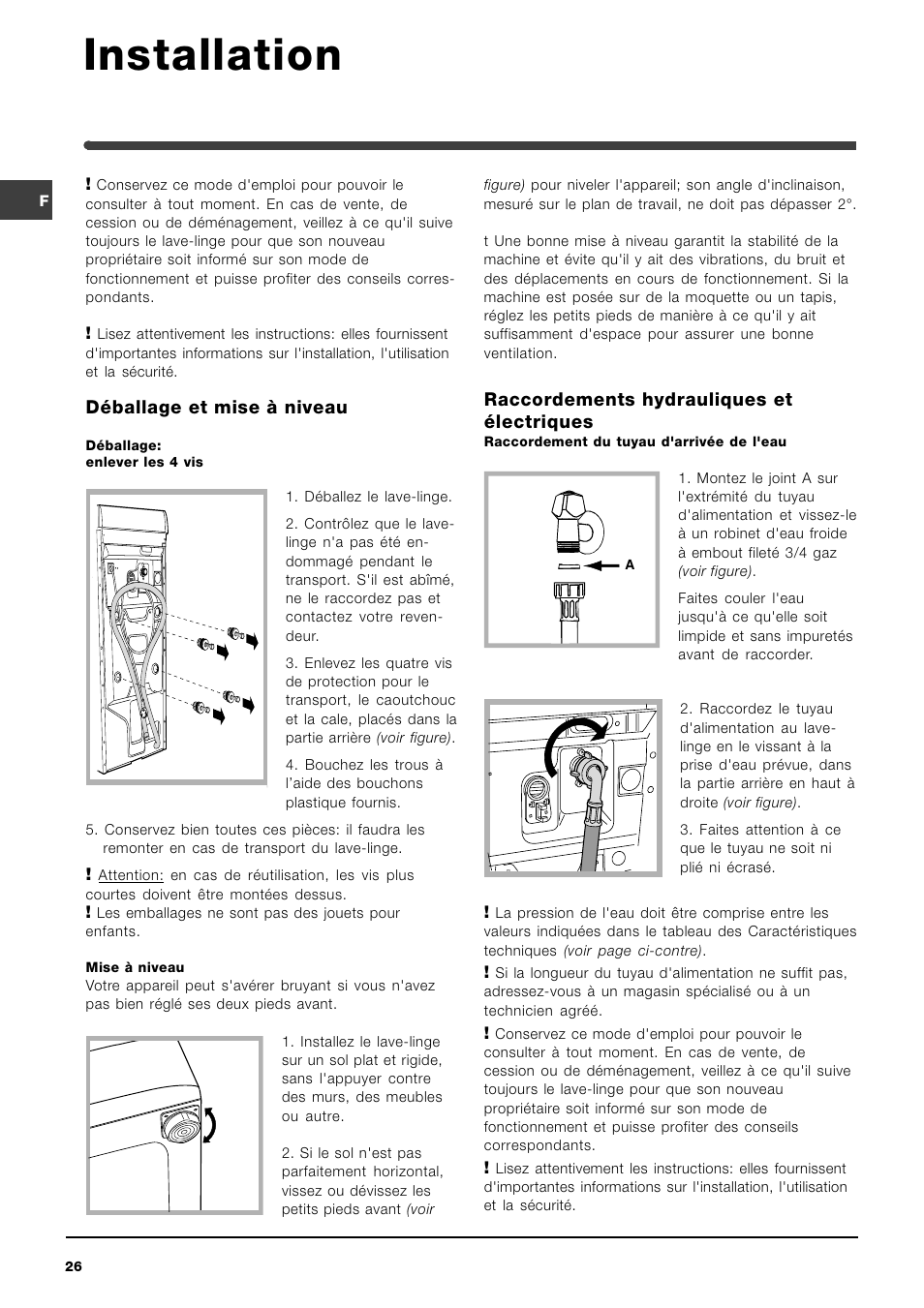 Installation, Déballage et mise à niveau, Raccordements hydrauliques et électriques | Indesit WIT 51 User Manual | Page 26 / 60