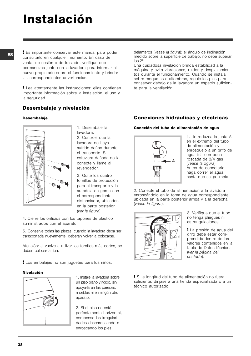 Instalación, Desembalaje y nivelación, Conexiones hidráulicas y eléctricas | Indesit WIT 51 User Manual | Page 38 / 60