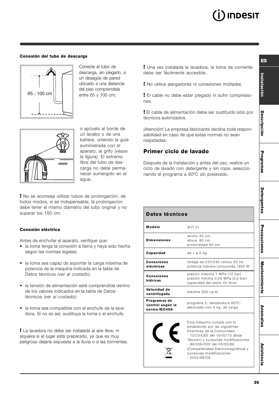 Primer ciclo de lavado | Indesit WIT 51 User Manual | Page 39 / 60