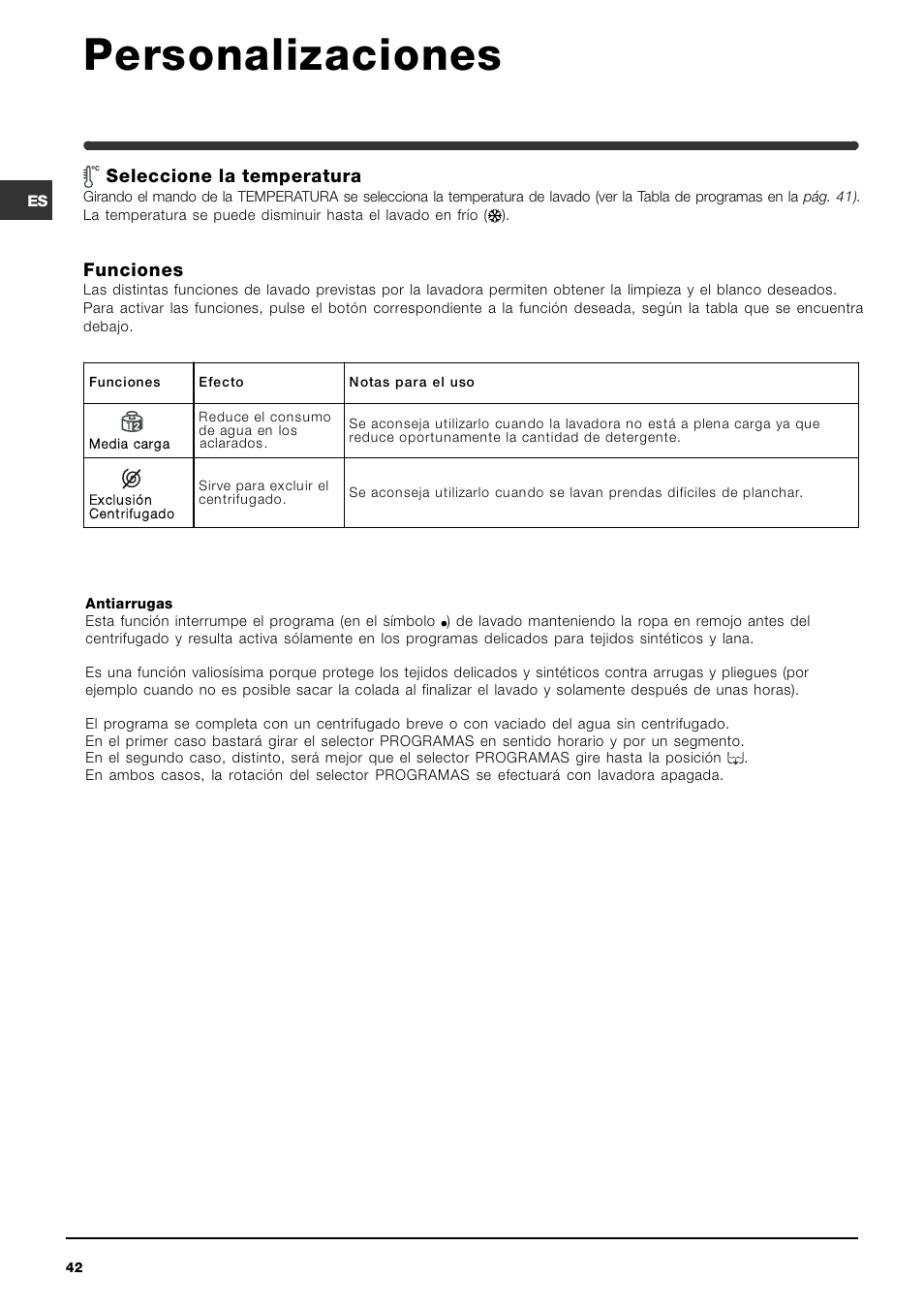 Personalizaciones, Seleccione la temperatura, Funciones | Indesit WIT 51 User Manual | Page 42 / 60
