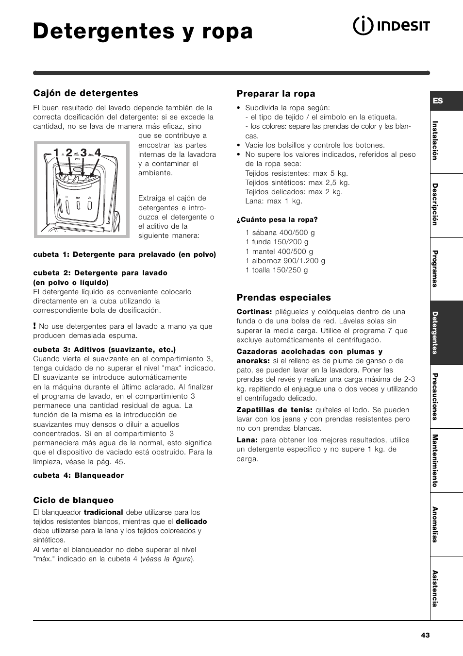 Detergentes y ropa, Cajón de detergentes, Preparar la ropa | Prendas especiales | Indesit WIT 51 User Manual | Page 43 / 60