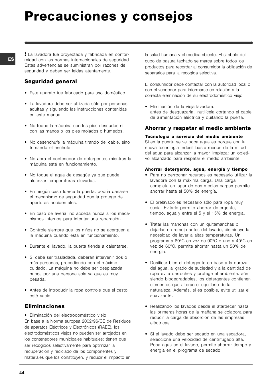Precauciones y consejos | Indesit WIT 51 User Manual | Page 44 / 60