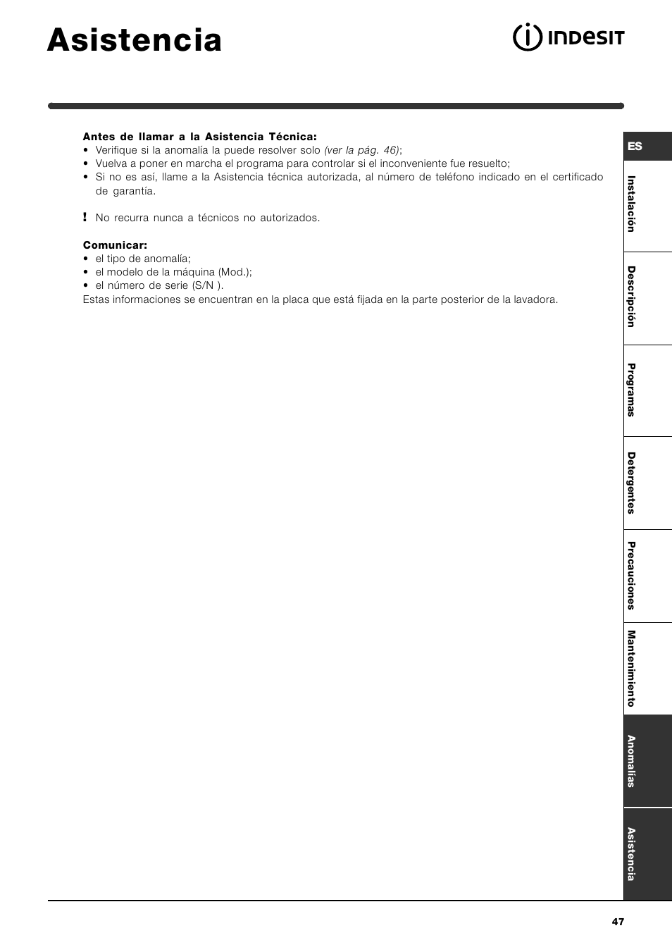 Asistencia | Indesit WIT 51 User Manual | Page 47 / 60