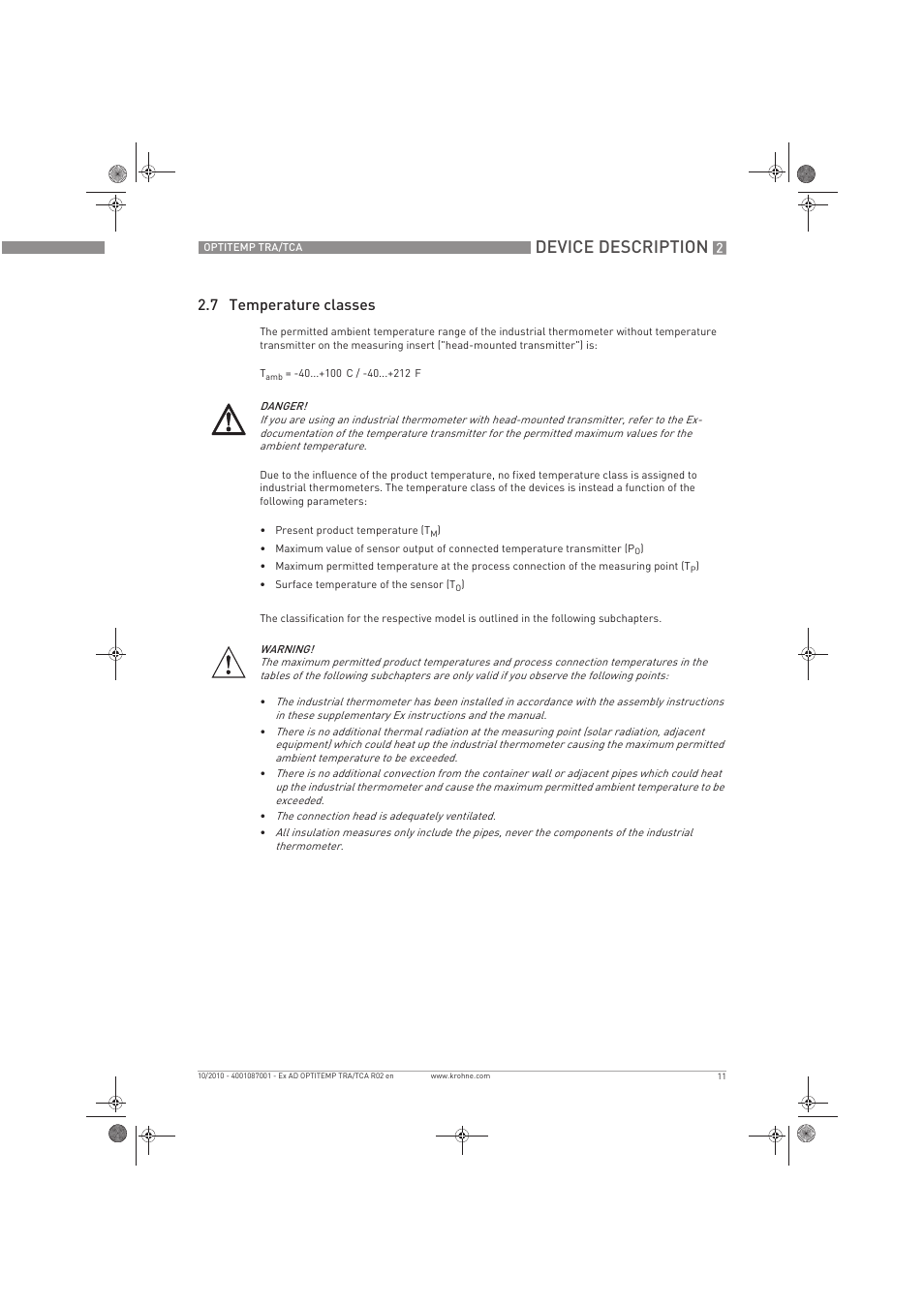 Device description, 7 temperature classes | KROHNE OPTITEMP TCA Ex EN User Manual | Page 11 / 32