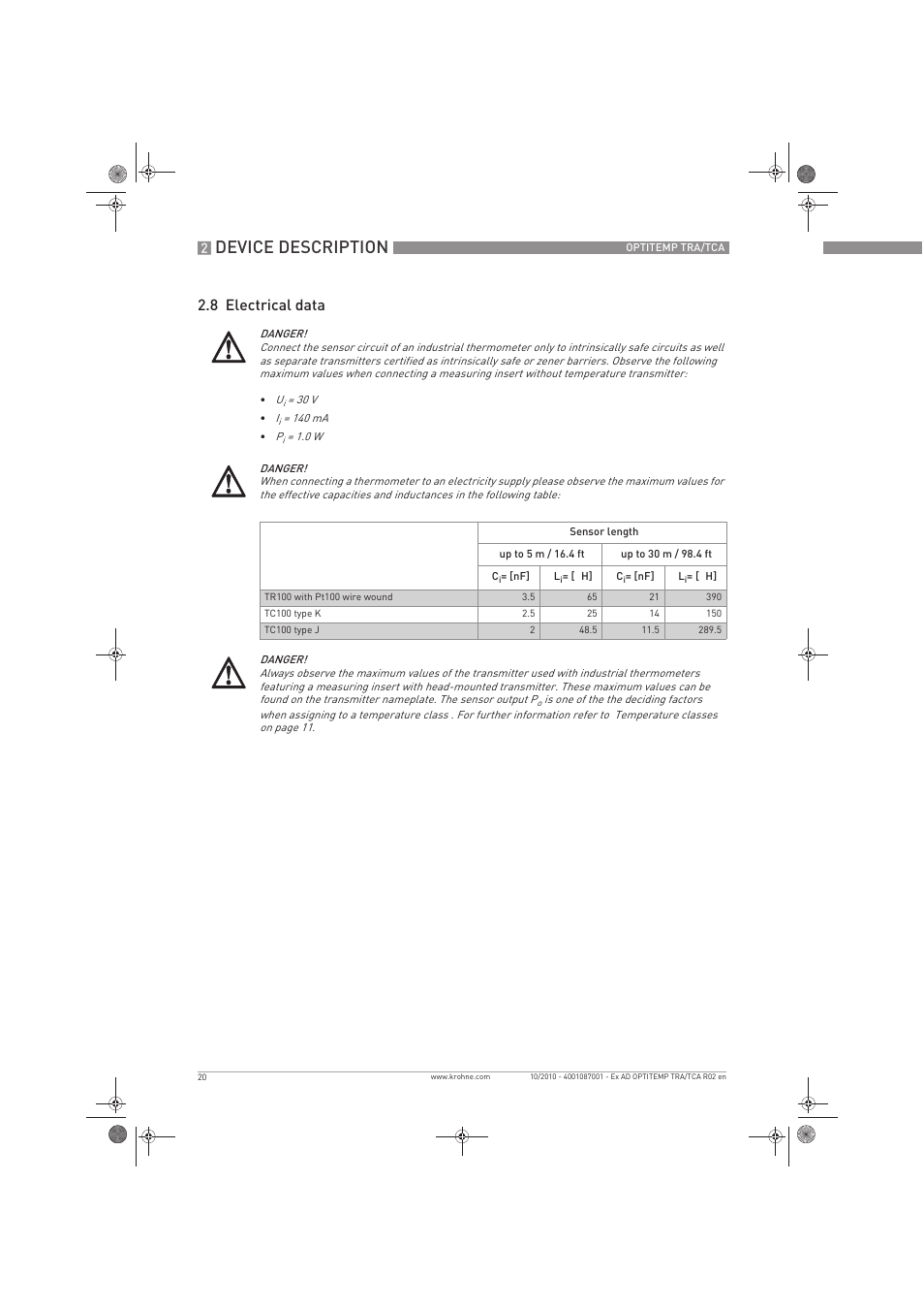 Device description, 8 electrical data | KROHNE OPTITEMP TCA Ex EN User Manual | Page 20 / 32
