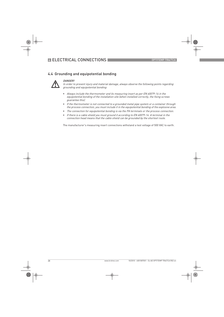 Electrical connections, 4 grounding and equipotential bonding | KROHNE OPTITEMP TCA Ex EN User Manual | Page 28 / 32