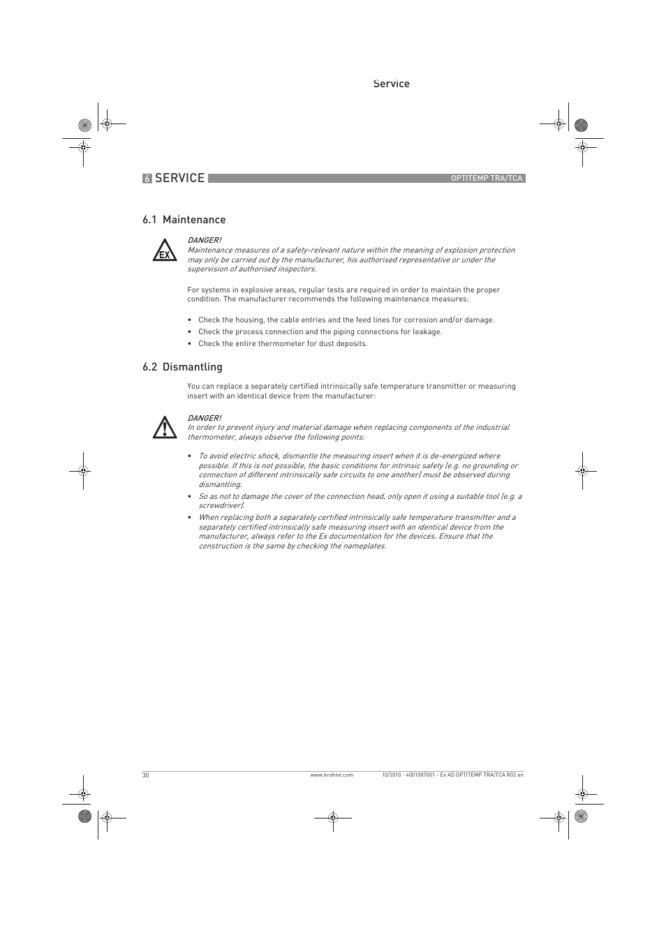 Service, Service 6.1 maintenance, 2 dismantling | KROHNE OPTITEMP TCA Ex EN User Manual | Page 30 / 32