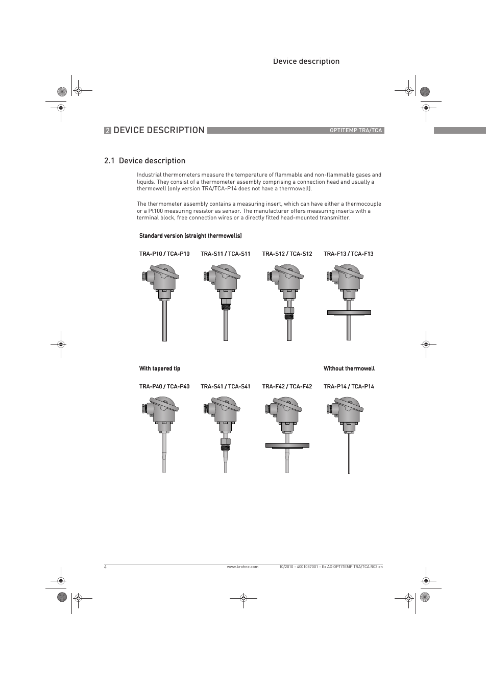 Device description, Device description 2.1 device description | KROHNE OPTITEMP TCA Ex EN User Manual | Page 4 / 32