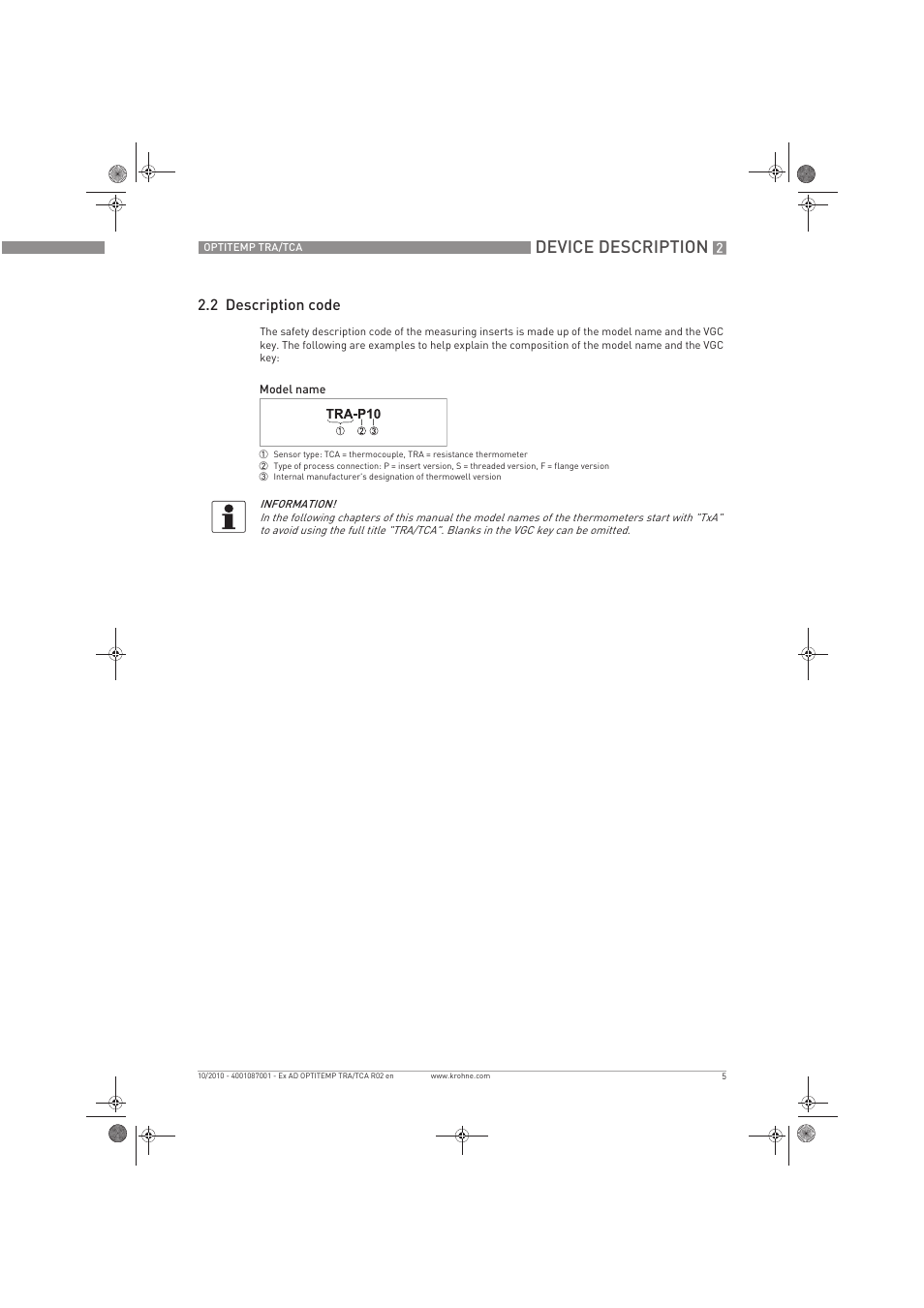 Device description, 2 description code | KROHNE OPTITEMP TCA Ex EN User Manual | Page 5 / 32