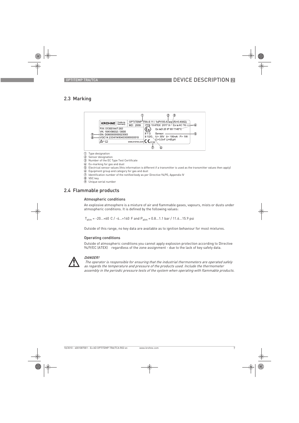 Device description, 3 marking 2.4 flammable products | KROHNE OPTITEMP TCA Ex EN User Manual | Page 7 / 32