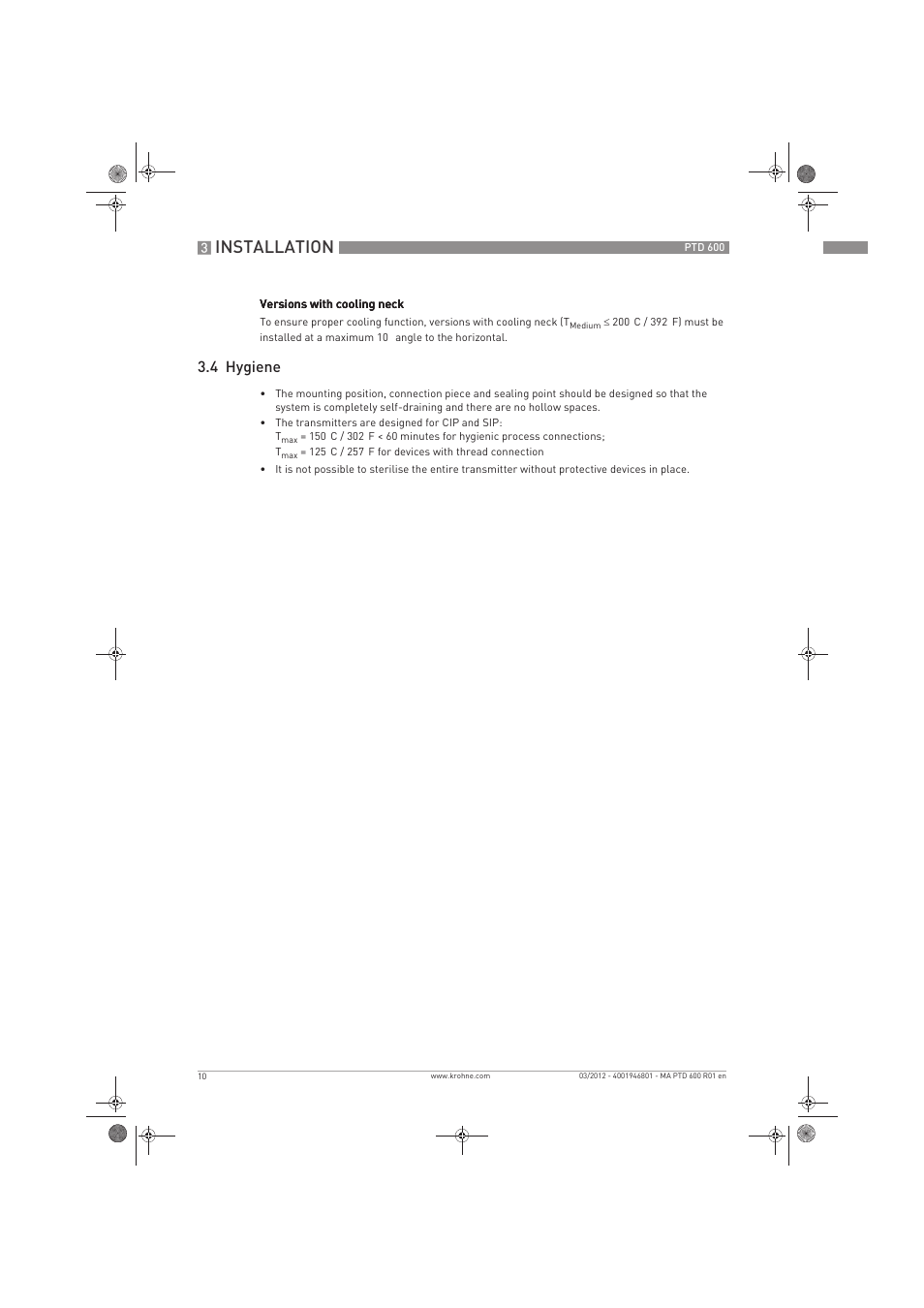 Installation, 4 hygiene | KROHNE PTD 600 EN User Manual | Page 10 / 24