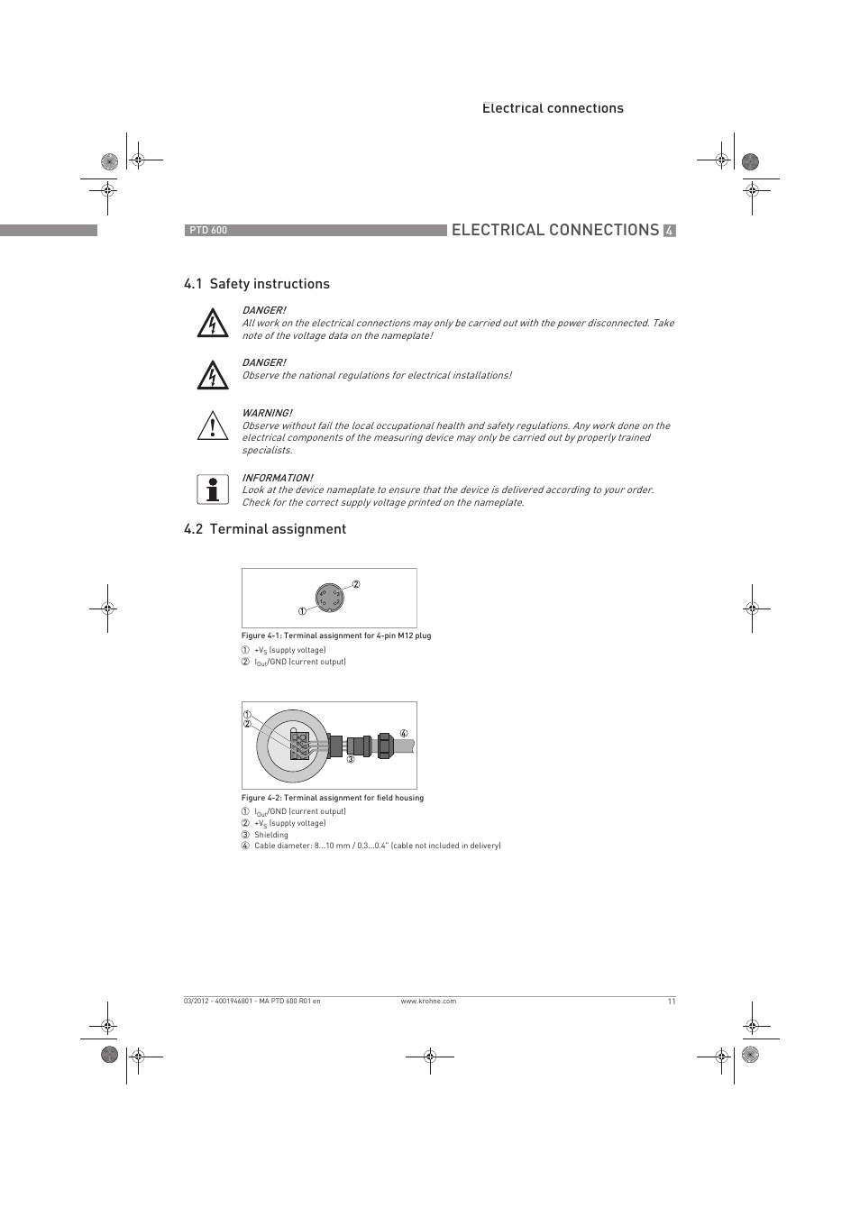 Electrical connections | KROHNE PTD 600 EN User Manual | Page 11 / 24