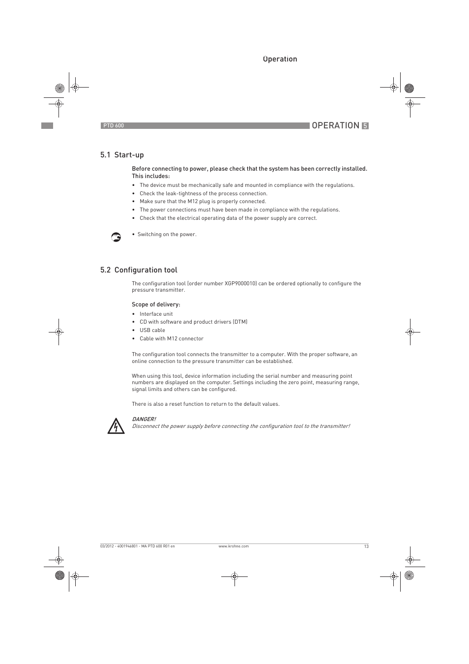 Operation, Operation 5.1 start-up, 2 configuration tool | KROHNE PTD 600 EN User Manual | Page 13 / 24