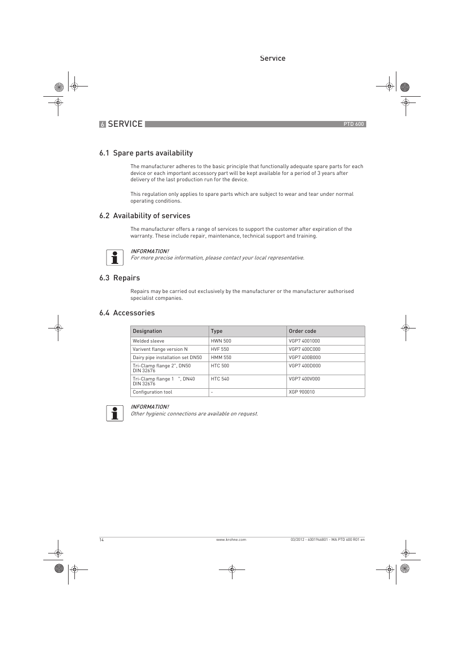 Service, Service 6.1 spare parts availability, 2 availability of services | 3 repairs, 4 accessories | KROHNE PTD 600 EN User Manual | Page 14 / 24