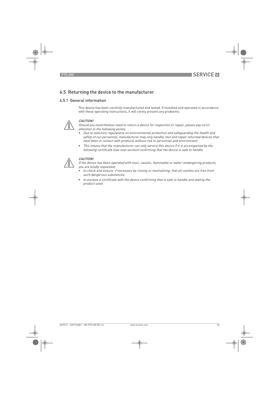 Service, 5 returning the device to the manufacturer | KROHNE PTD 600 EN User Manual | Page 15 / 24