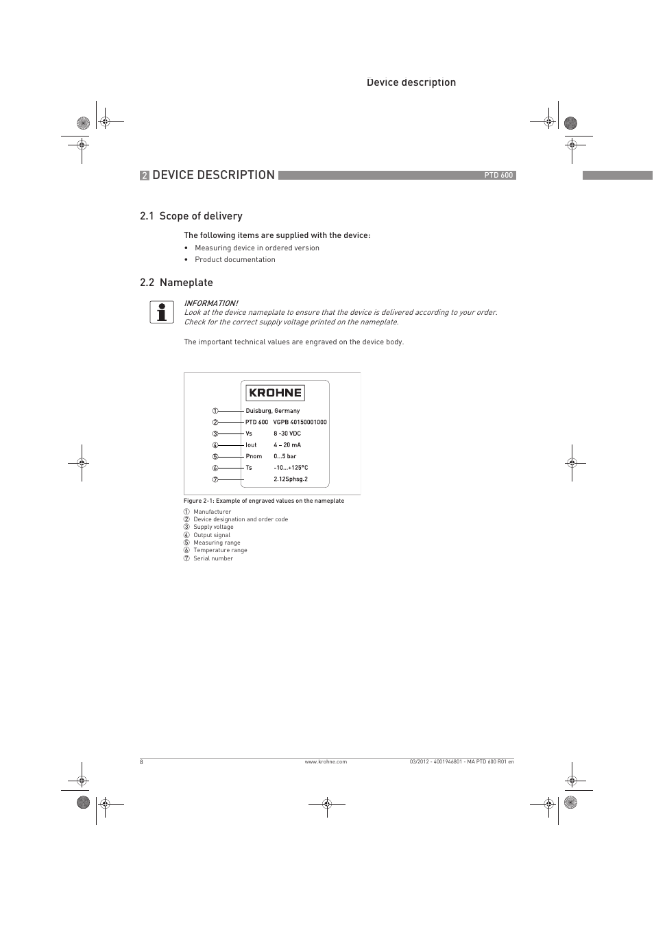 Device description, Device description 2.1 scope of delivery, 2 nameplate | KROHNE PTD 600 EN User Manual | Page 8 / 24