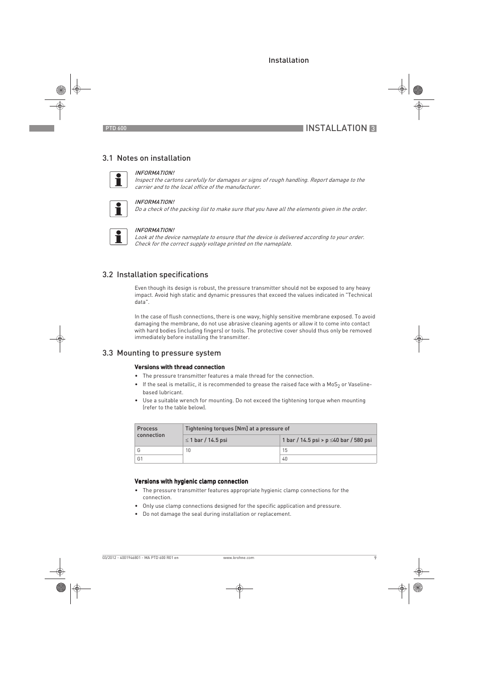 Installation, 3 mounting to pressure system | KROHNE PTD 600 EN User Manual | Page 9 / 24