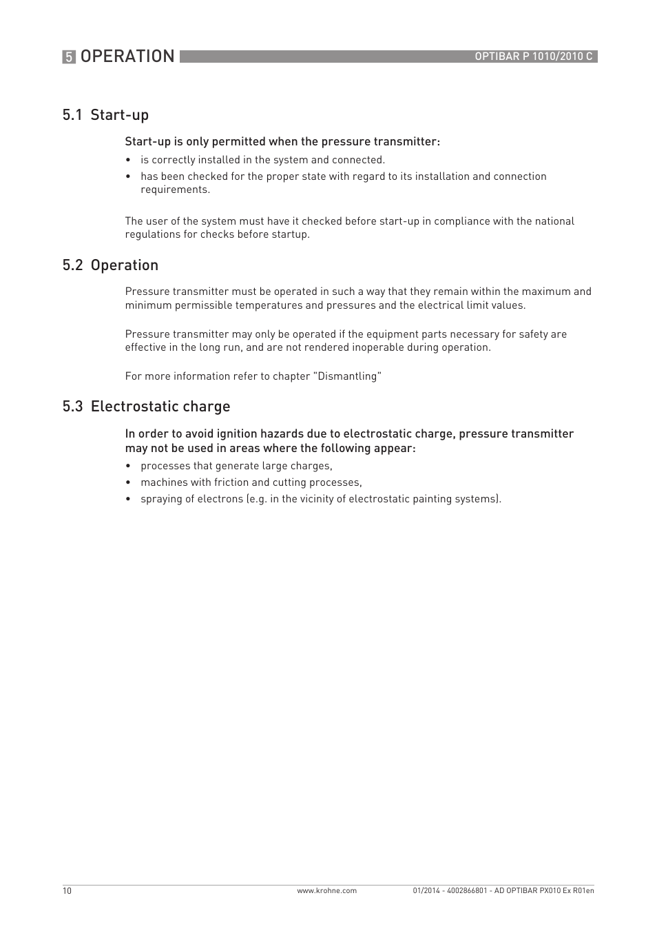 Operation, 1 start-up, 2 operation | 3 electrostatic charge | KROHNE OPTIBAR P 2010 C Ex EN User Manual | Page 10 / 12