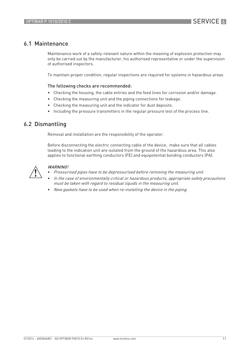 Service, 1 maintenance, 2 dismantling | KROHNE OPTIBAR P 2010 C Ex EN User Manual | Page 11 / 12