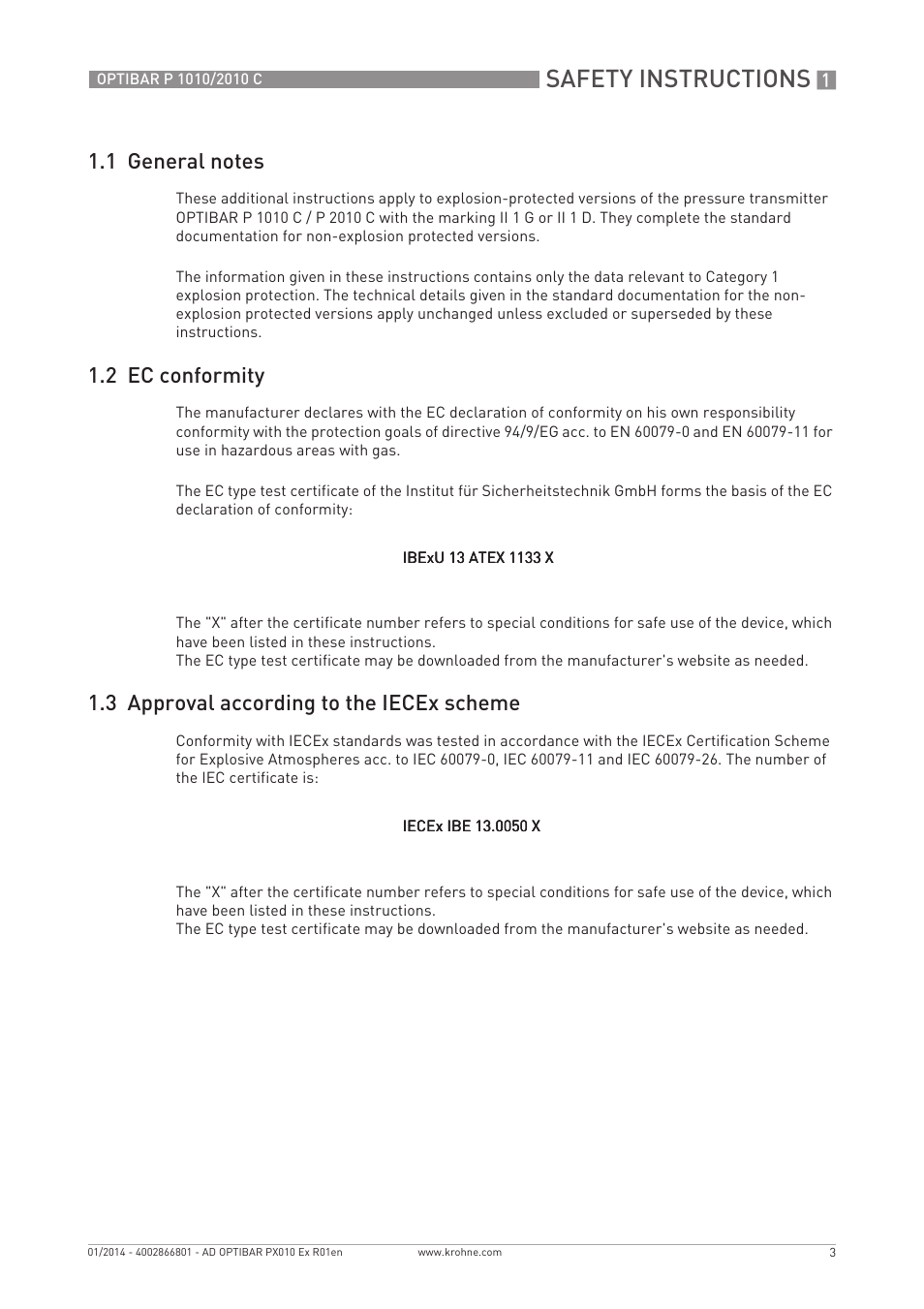 Safety instructions, 2 ec conformity, 3 approval according to the iecex scheme | KROHNE OPTIBAR P 2010 C Ex EN User Manual | Page 3 / 12