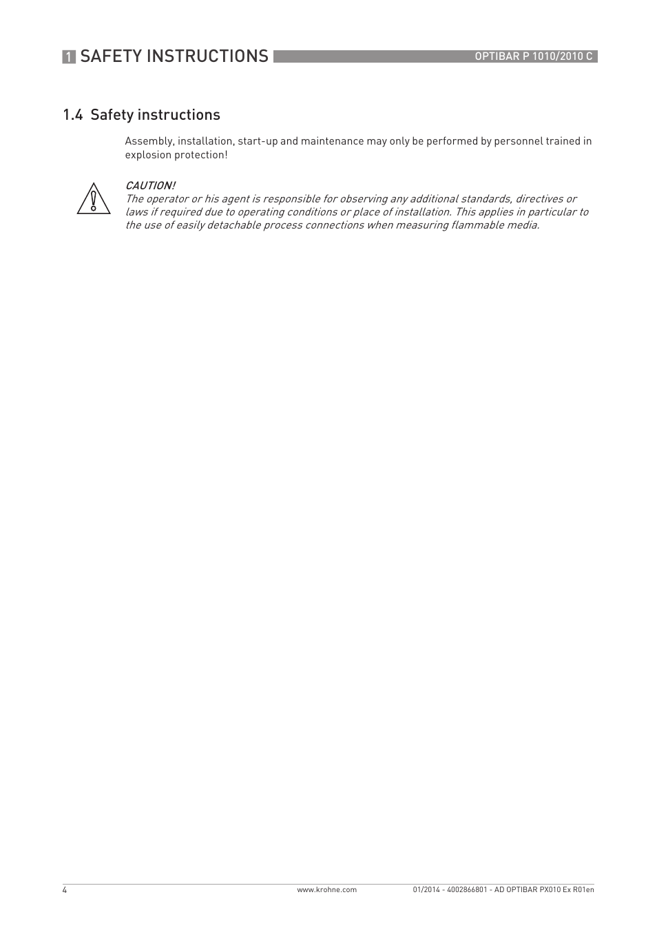 Safety instructions, 4 safety instructions | KROHNE OPTIBAR P 2010 C Ex EN User Manual | Page 4 / 12