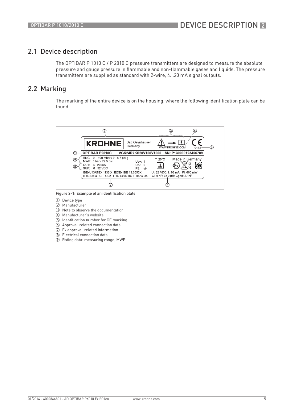 Device description, 1 device description, 2 marking | KROHNE OPTIBAR P 2010 C Ex EN User Manual | Page 5 / 12