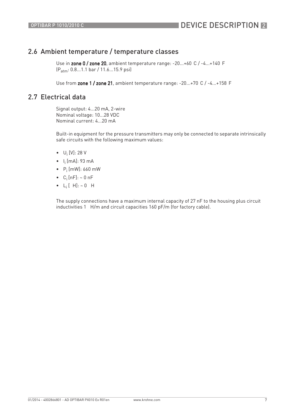 Device description, 6 ambient temperature / temperature classes, 7 electrical data | KROHNE OPTIBAR P 2010 C Ex EN User Manual | Page 7 / 12