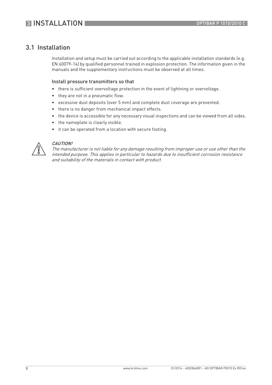 Installation, 1 installation | KROHNE OPTIBAR P 2010 C Ex EN User Manual | Page 8 / 12