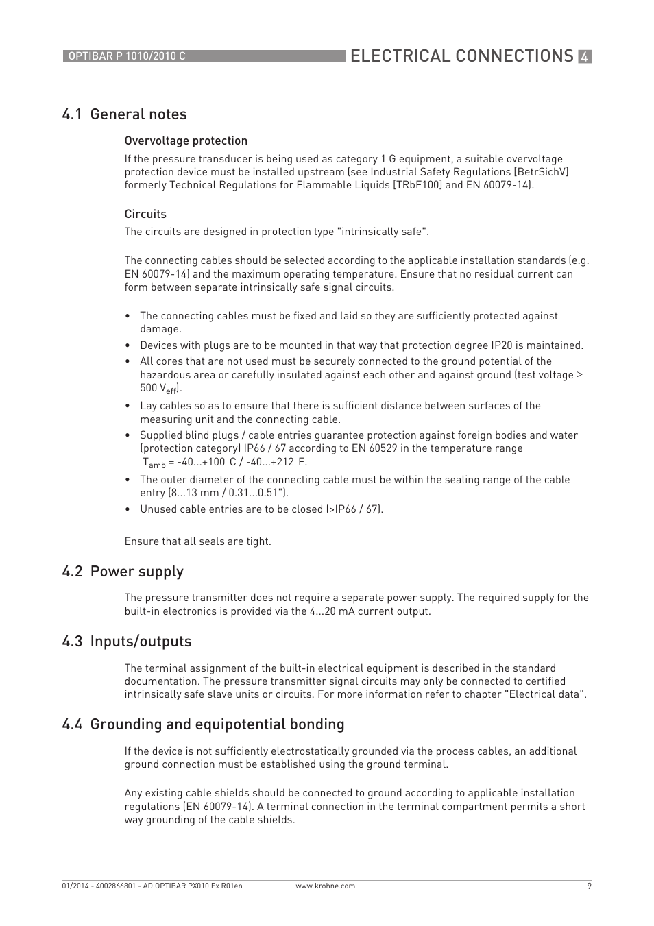 Electrical connections, 2 power supply, 3 inputs/outputs | 4 grounding and equipotential bonding | KROHNE OPTIBAR P 2010 C Ex EN User Manual | Page 9 / 12