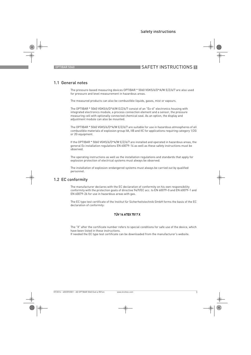 Safety instructions, 2 ec conformity | KROHNE OPTIBAR PM 5060 C Ex d ia EN User Manual | Page 3 / 16