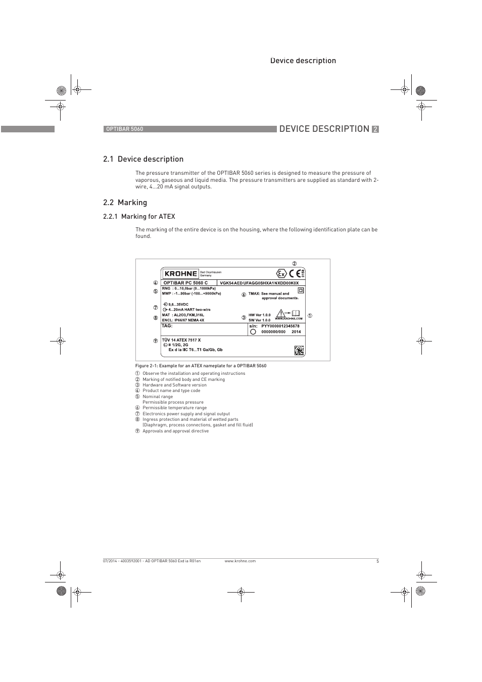 Device description, Device description 2.1 device description, 2 marking | KROHNE OPTIBAR PM 5060 C Ex d ia EN User Manual | Page 5 / 16