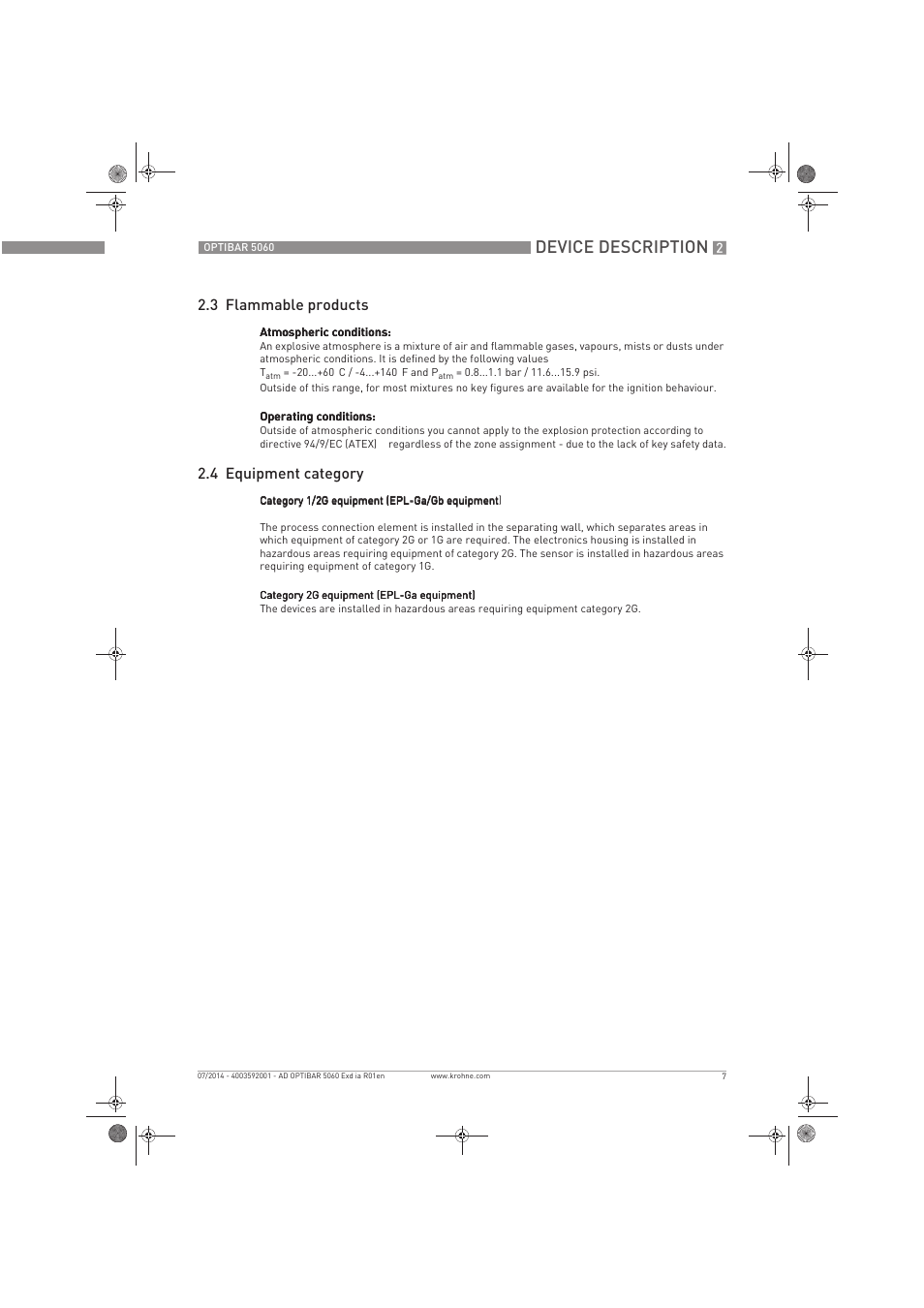 Device description, 3 flammable products, 4 equipment category | KROHNE OPTIBAR PM 5060 C Ex d ia EN User Manual | Page 7 / 16