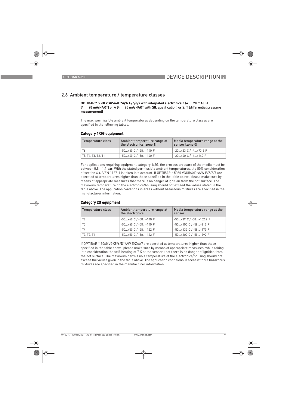 Device description, 6 ambient temperature / temperature classes | KROHNE OPTIBAR PM 5060 C Ex d ia EN User Manual | Page 9 / 16