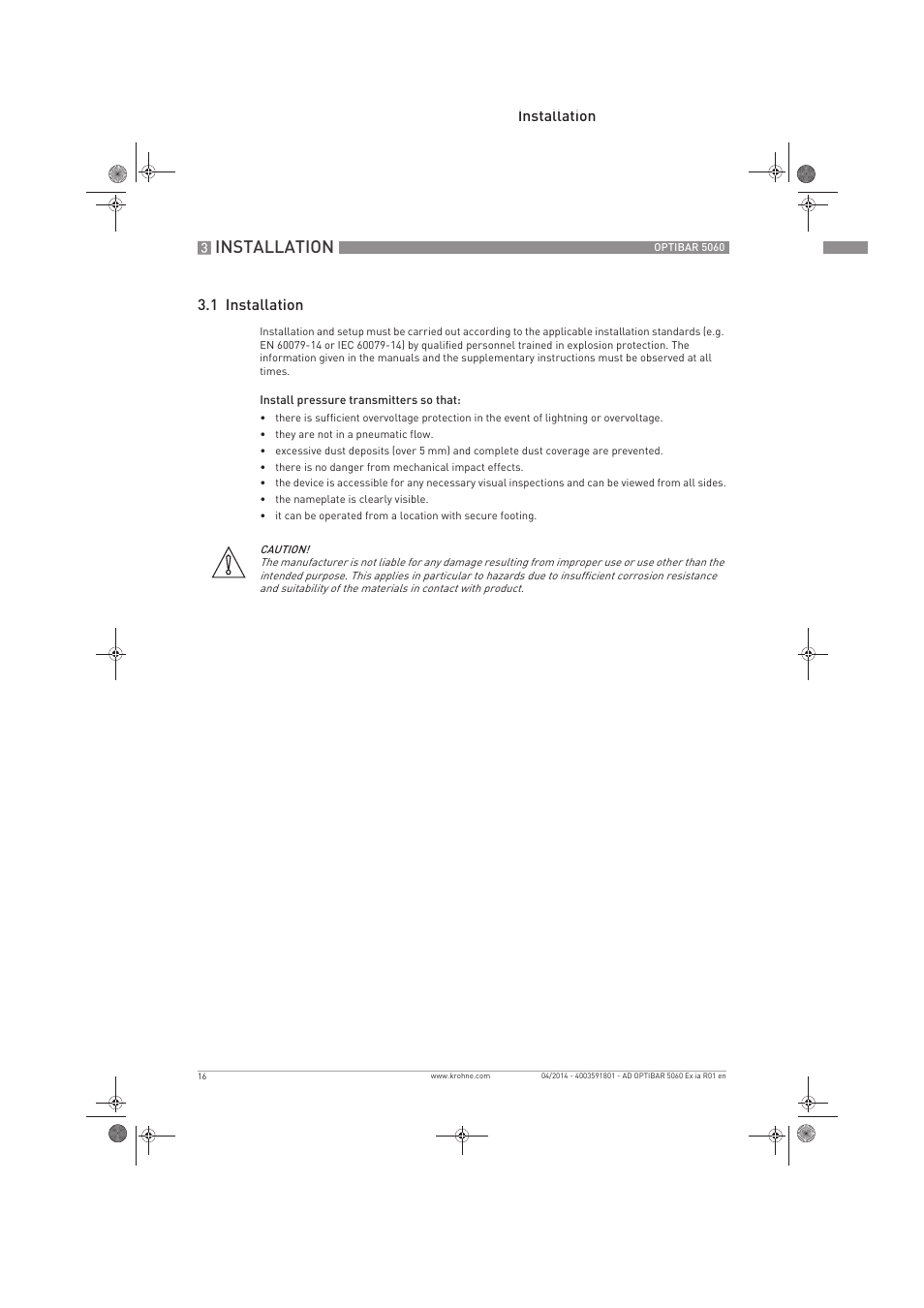 Installation, Installation 3.1 installation | KROHNE OPTIBAR PM 5060 C Ex ia EN User Manual | Page 16 / 20