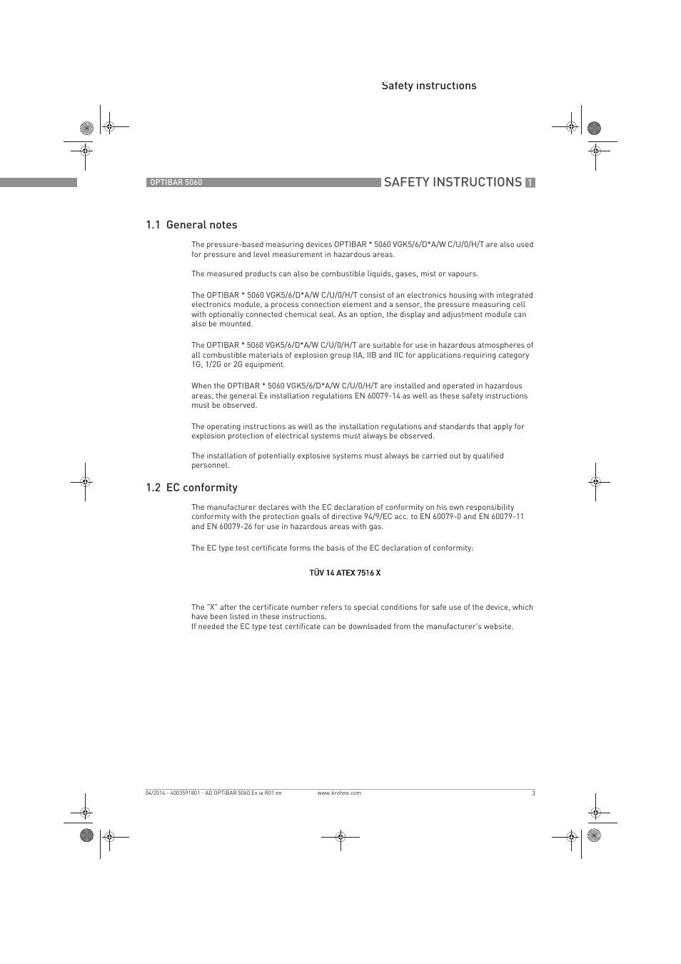 Safety instructions, 2 ec conformity | KROHNE OPTIBAR PM 5060 C Ex ia EN User Manual | Page 3 / 20